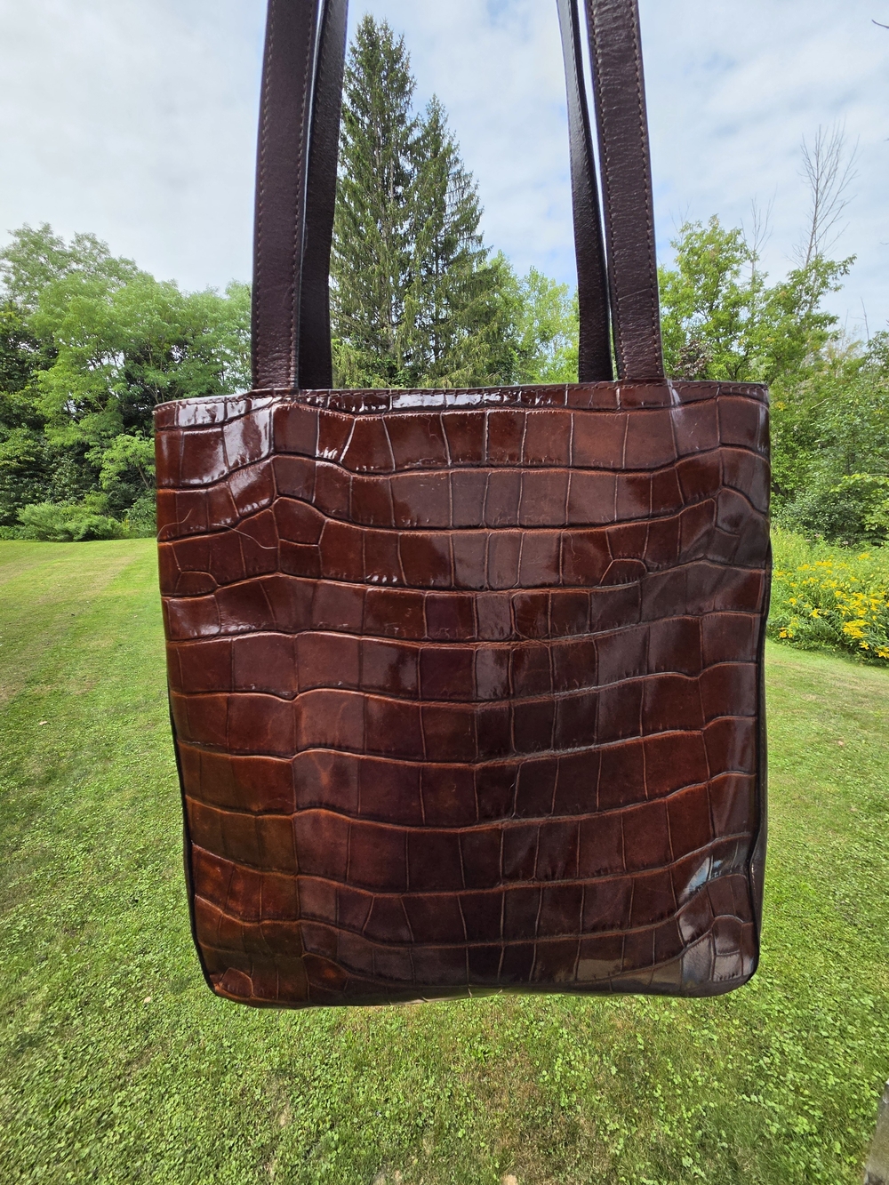 Italian Leather Brown Croc-Embossed Leather Tote Bag - Picture 5 of 12